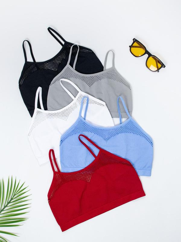 Women's Solid Contrast Mesh Wireless Bra, Adjustable Strap Bralette, Soft Comfortable Breathable Lingerie for All Seasons